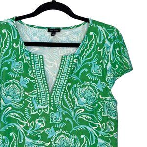 Talbots Green Jacobean Fantasy Print Effortless Jersey Shift Dress - Size M